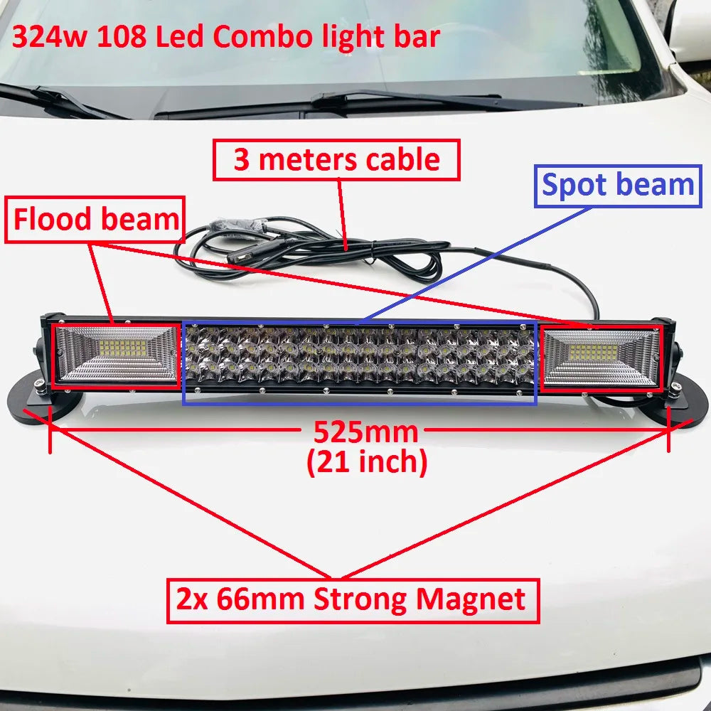 Magnetisk LED arbeidslys 120W–324W – Hvit eller gul lysbar for bil, jakt og camping