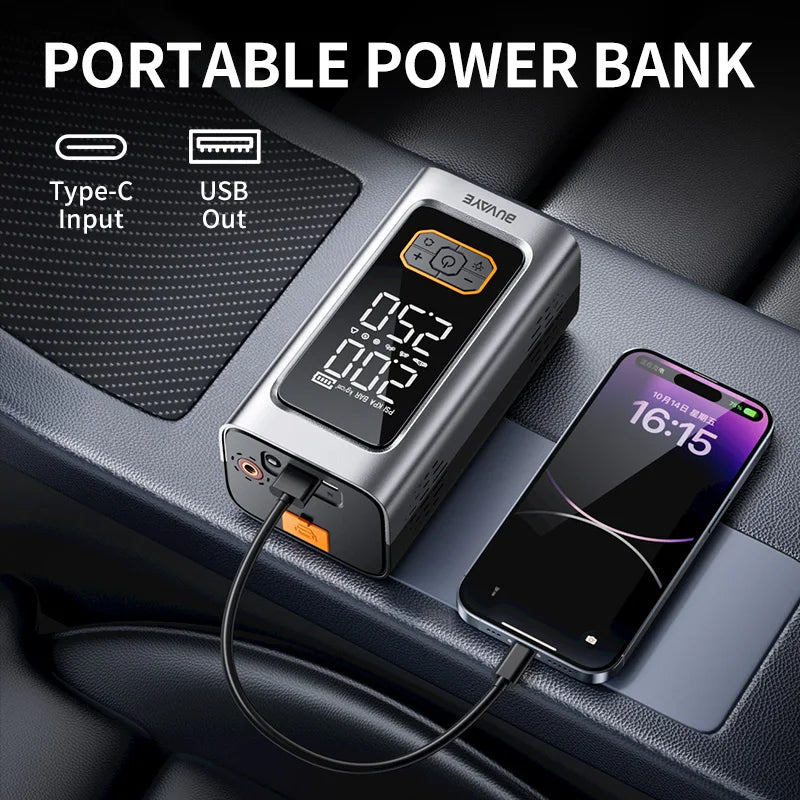 Kraftig bilstarter med luftpumpe 10000mAh – Nødstart & powerbank (12V bensin/diesel)