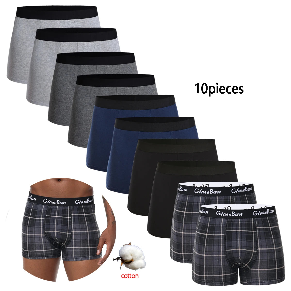 10-pakning med svarte bomulls-boksershorts for menn
