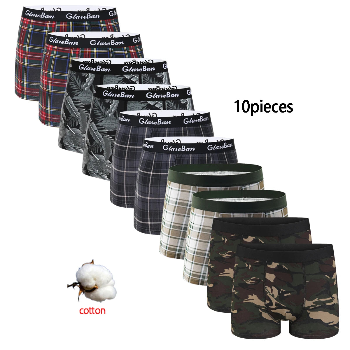 10-pakning med svarte bomulls-boksershorts for menn