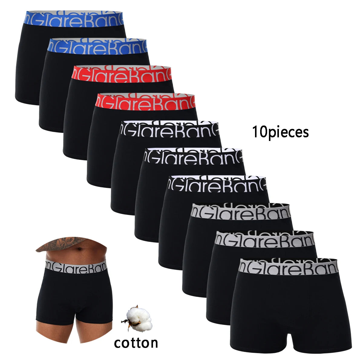 10-pakning med svarte bomulls-boksershorts for menn