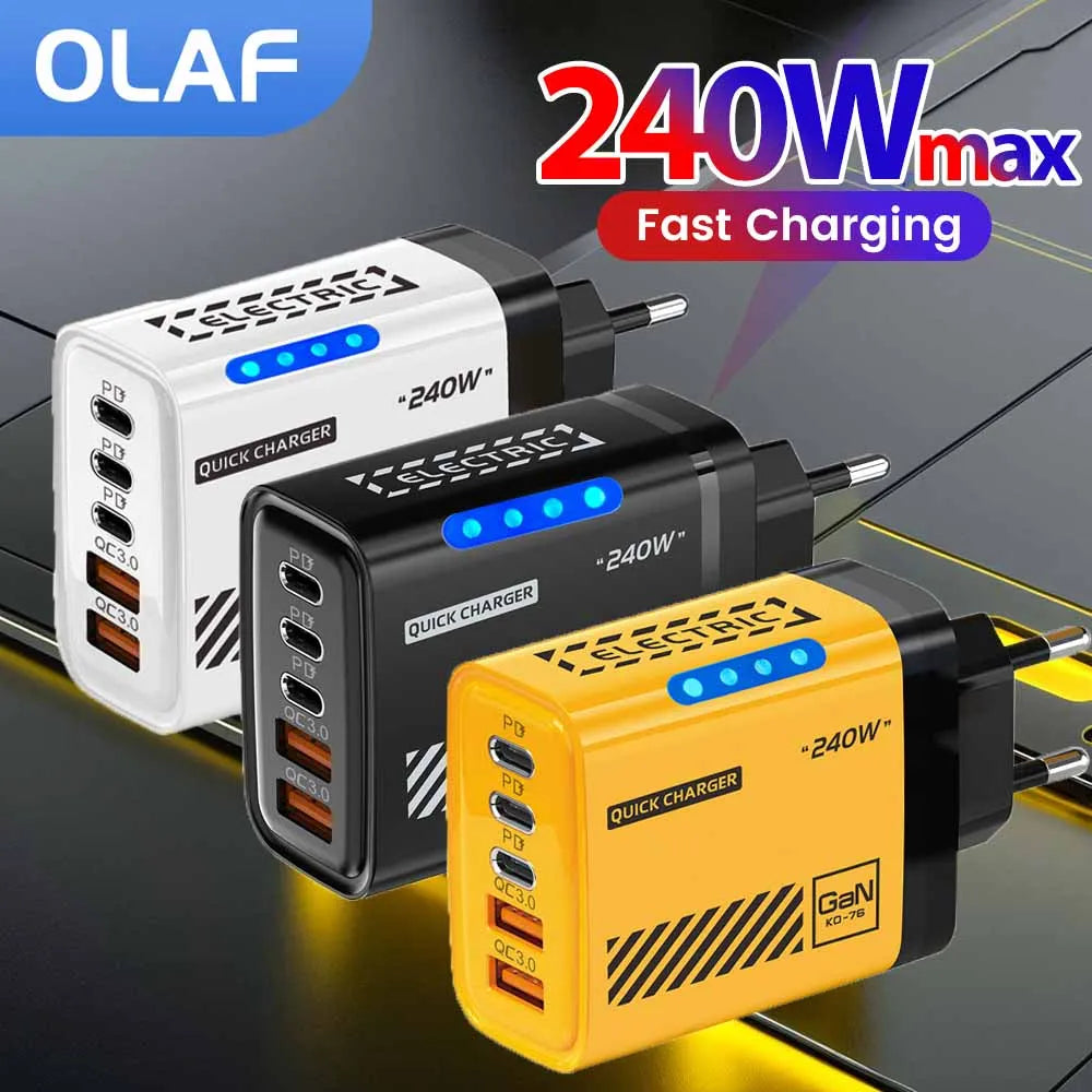 240W Hurtiglader med 5 USB-porter – USB-C & USB-A Hurtiglading