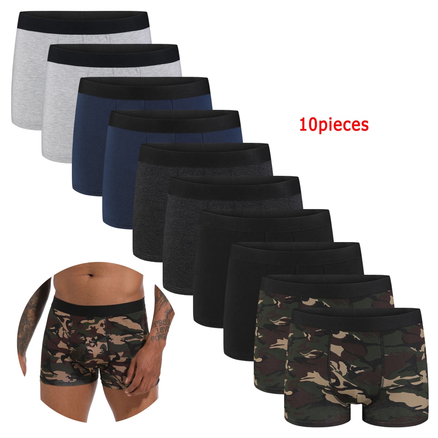 10-pakning med svarte bomulls-boksershorts for menn