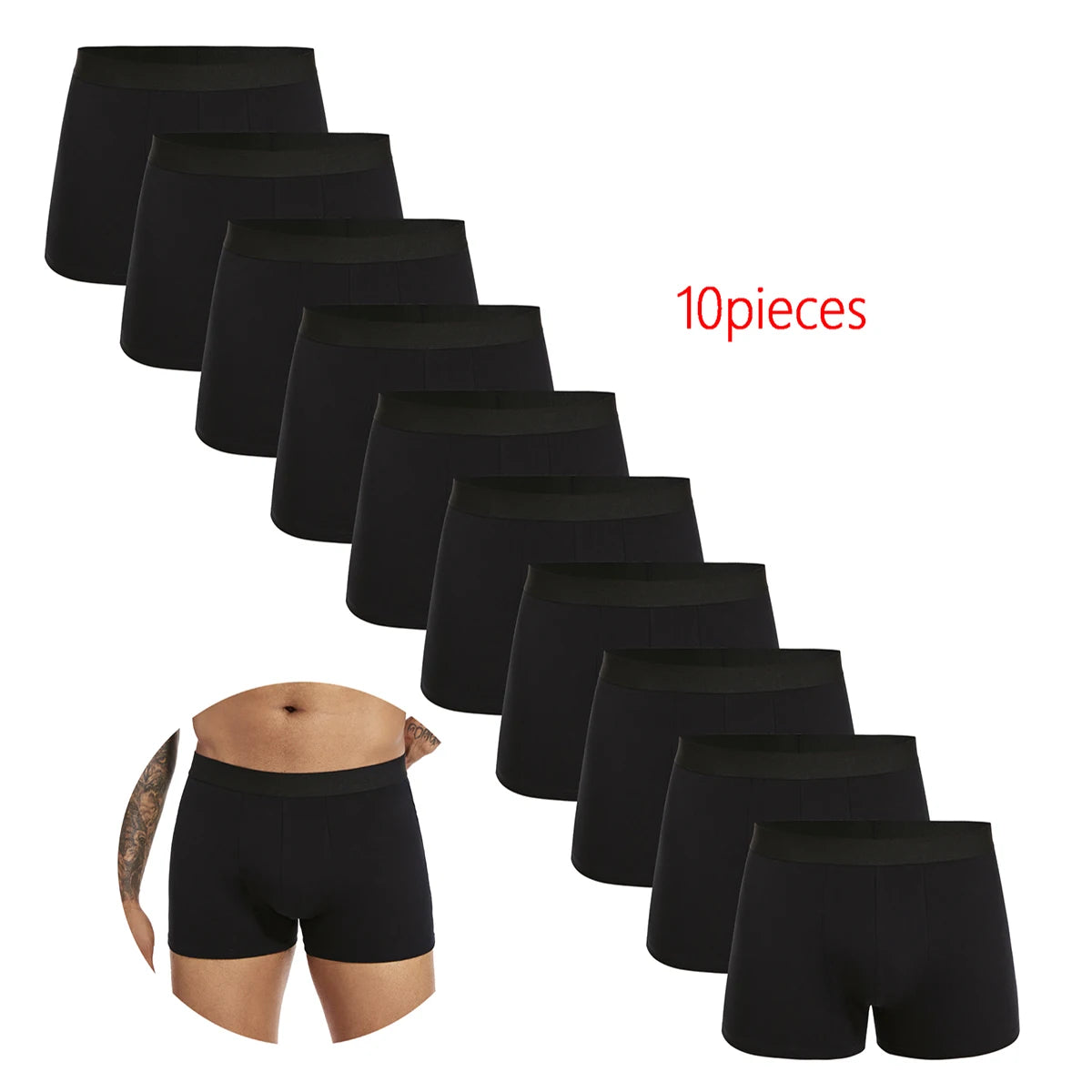 10-pakning med svarte bomulls-boksershorts for menn
