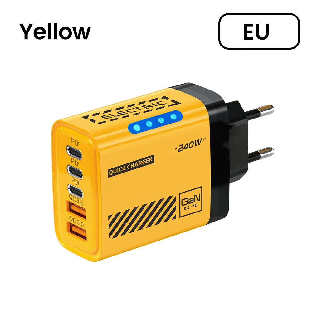 240W Hurtiglader med 5 USB-porter – USB-C & USB-A Hurtiglading