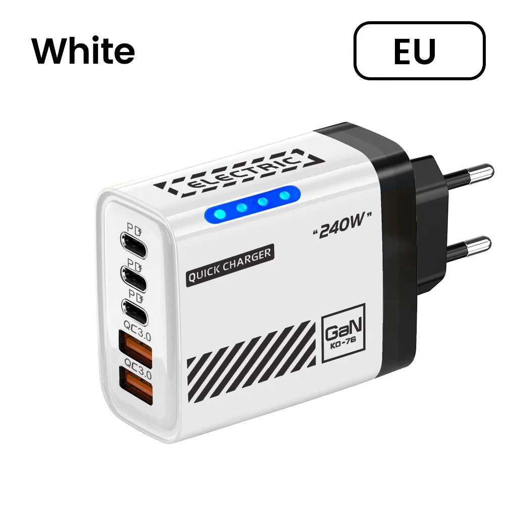 240W Hurtiglader med 5 USB-porter – USB-C & USB-A Hurtiglading